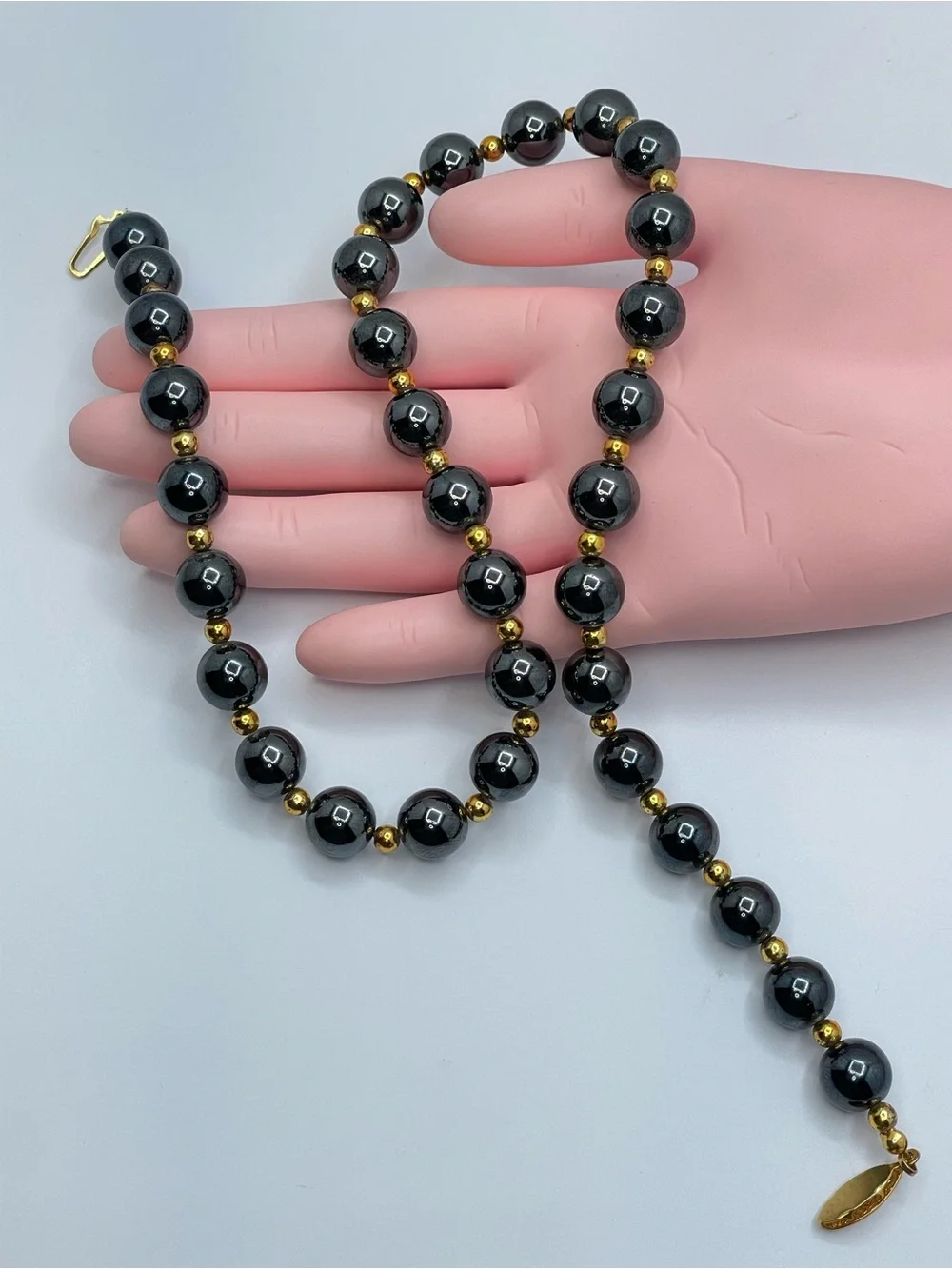 Vintage Hematite Gemstone Gold Beaded Necklace Boho Statement Bold Timeless